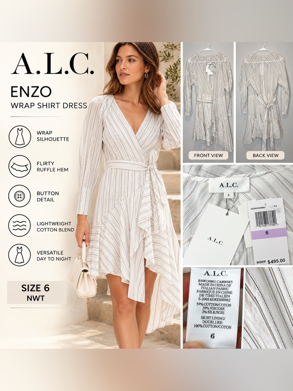 A.L.C. Enzo White Striped Wrap Ruffle Shirt Dress Size 6 NWT